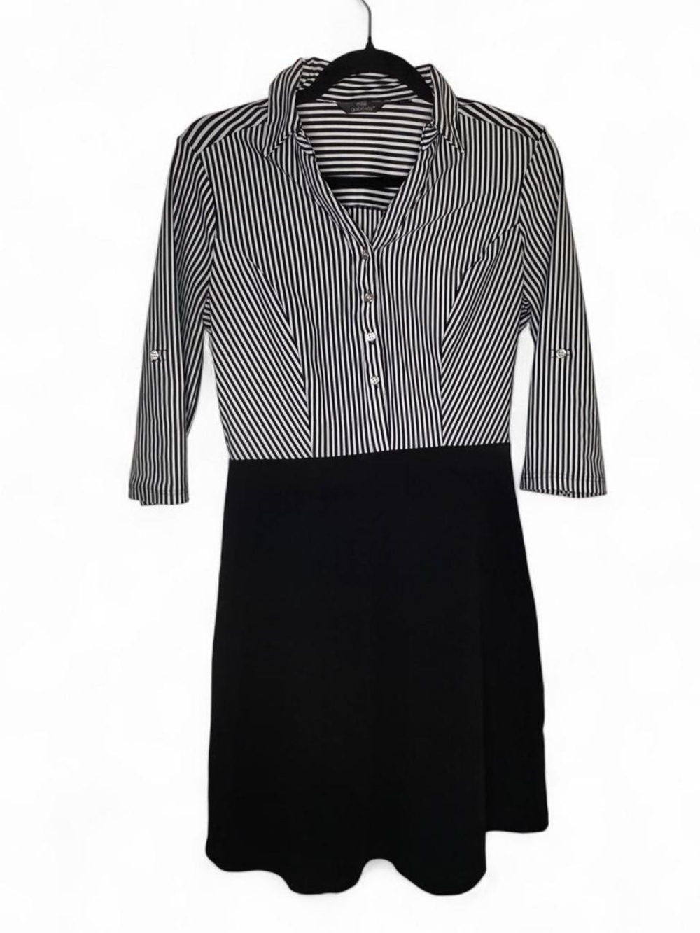 Striped Shirt Dress Medium Mlle Gabrielle Black White 3/4 Sleeve Collared